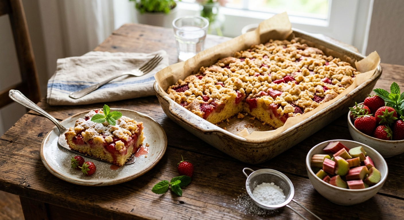 Erdbeer-Rhabarber-Streuselkuchen mit Erdbeeren und Rhabarber, frische Frühlingsküche