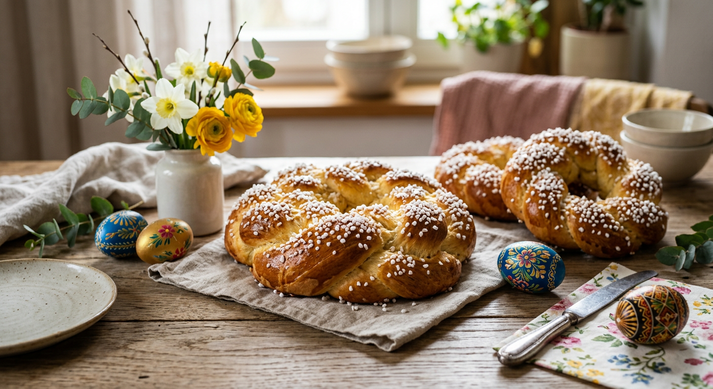 Klassische Osterzöpfe mit Hagelzucker auf einem Holzbrett, frisch gebacken