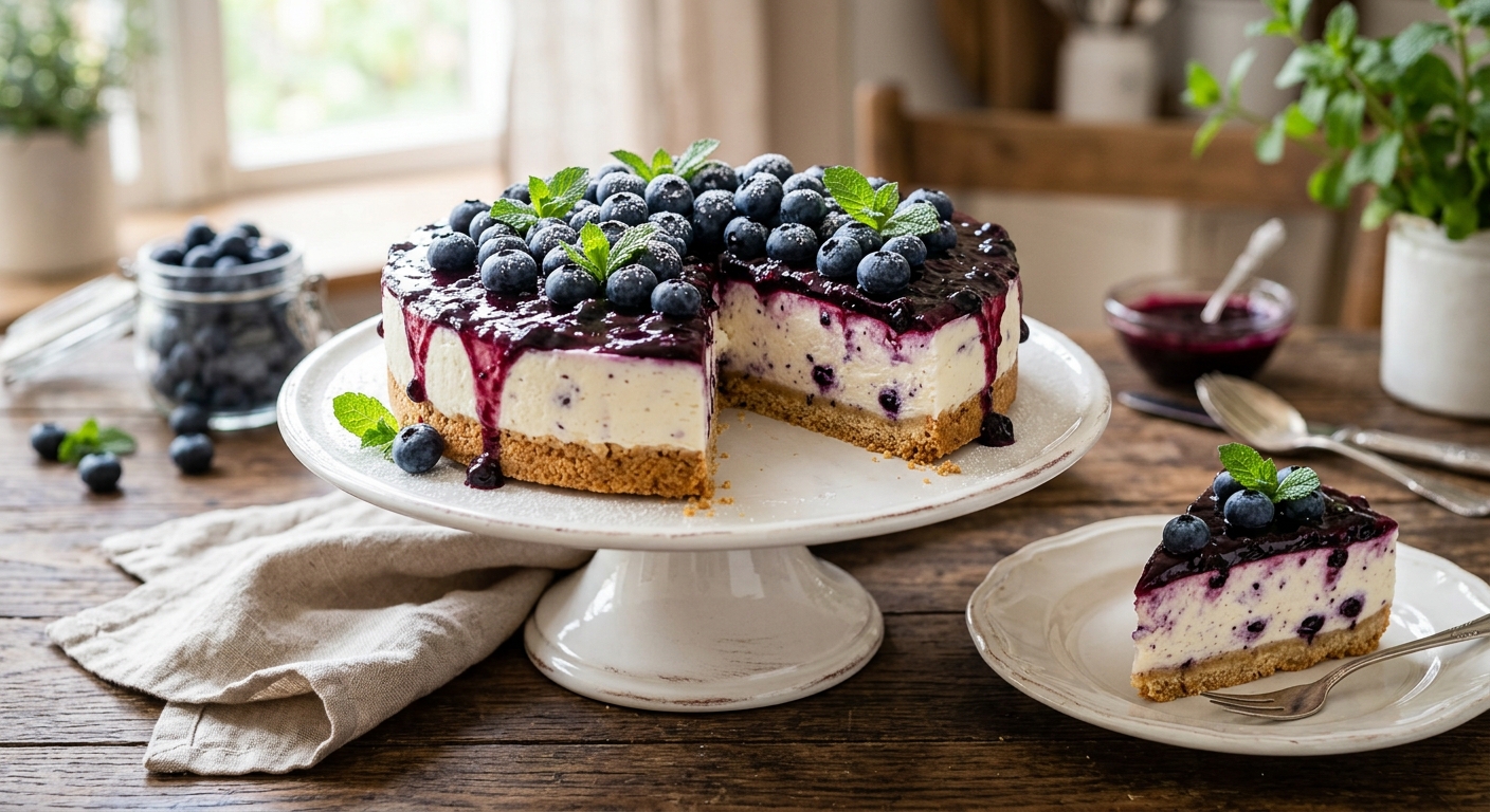Blaubeer-Cheesecake ohne Backen mit frischen Blaubeeren auf knusprigem Keksboden