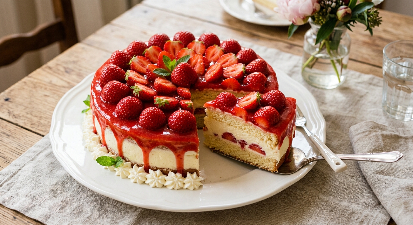 Erdbeertorte mit Vanillecreme – frische Erdbeeren auf luftigem Biskuit mit rotem Tortenguss