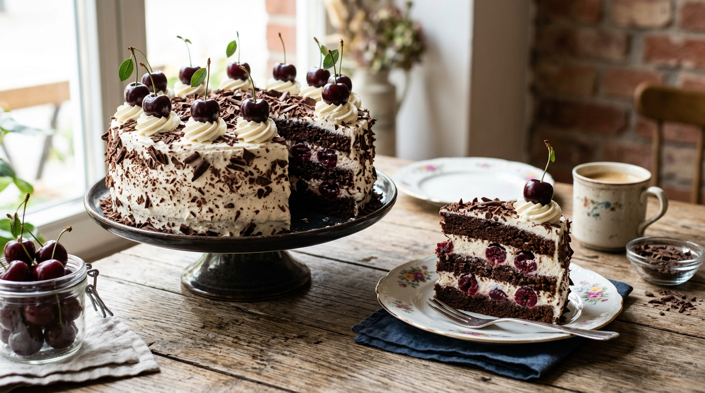 Schwarzwälder Kirschtorte mit Sauerkirschen und Schlagsahne