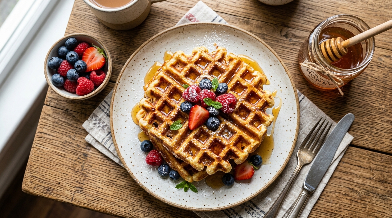 Goldbraune knusprige Waffeln mit Harzer Honig und frischen Beeren
