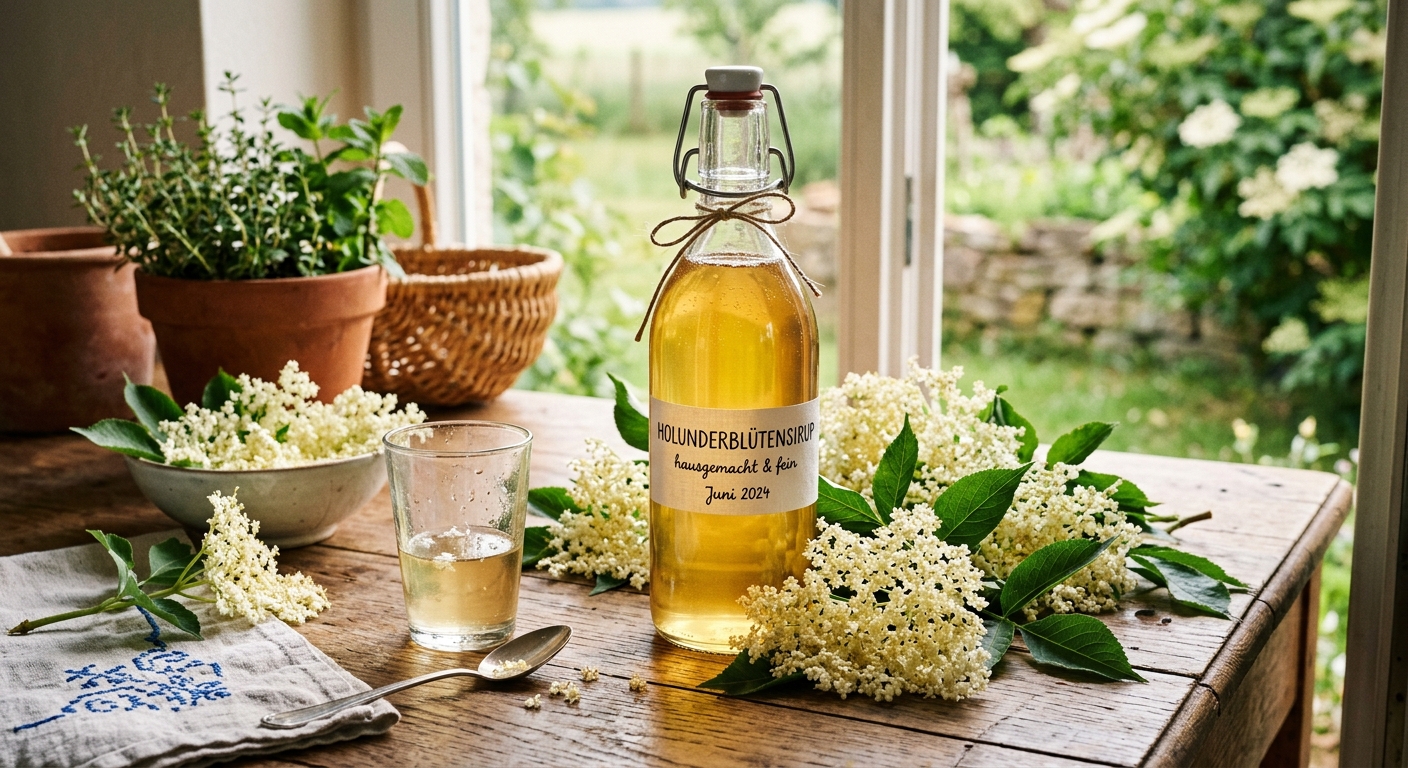 Holunderblütensirup in einer Glasflasche mit frischen Holunderblüten