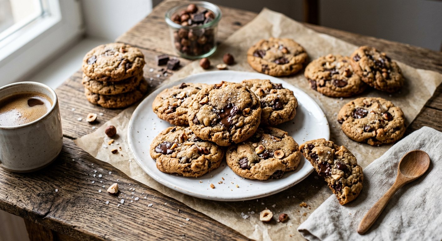 Frisch gebackene Schoko-Nuss-Cookies auf Holztisch