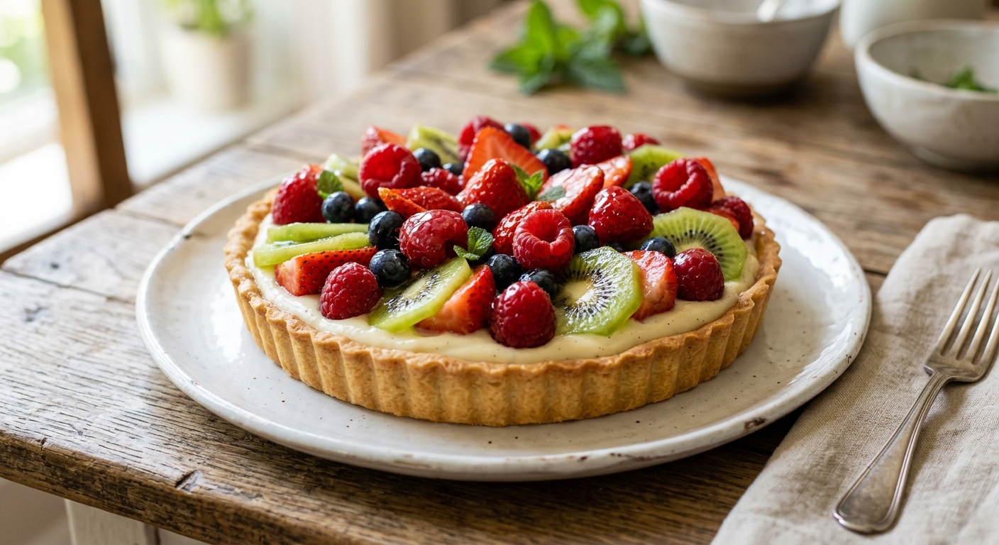 Sommerliche Obsttarte mit Vanillepudding, frischem Obst und Vanillecreme