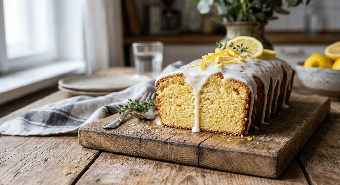 Buttermilch-Zitronenkuchen mit Zitronenglasur auf Holzbrett
