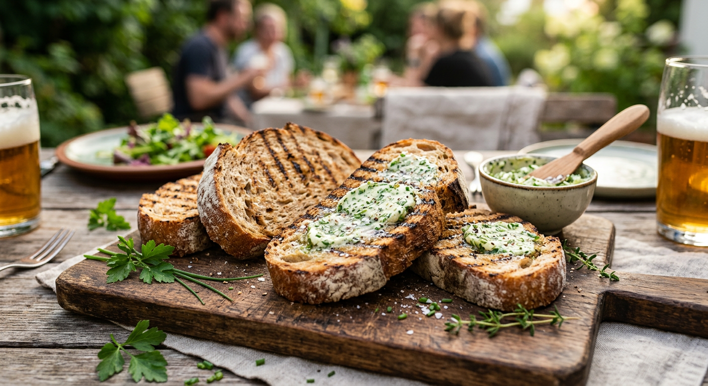 Grillbrot mit selbst gemachter Kräuterbutter auf einem Holzbrett