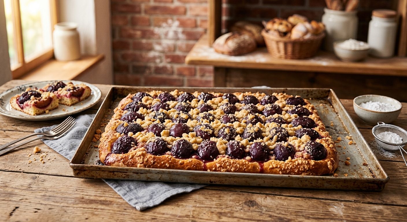 Harzer Pflaumenkuchen mit frischen Pflaumen und Streuseln auf Backblech