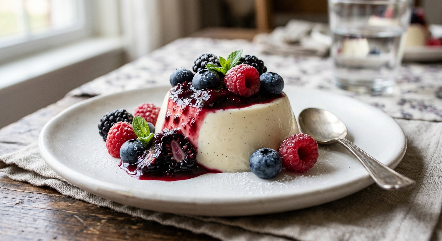 Pannacotta mit Waldbeeren und selbst gemachtem Waldbeeren-Kompott