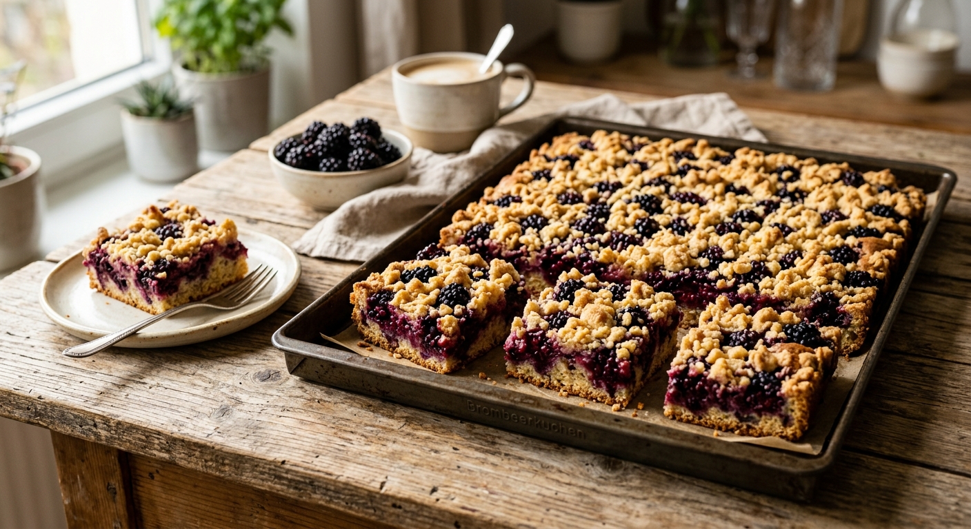 Brombeerkuchen vom Blech mit Streuseln - saftig und mit goldbraunen Streuseln