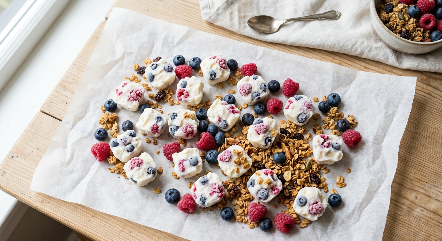 Frozen Joghurt Bites mit frischen Beeren und Granola auf Backpapier