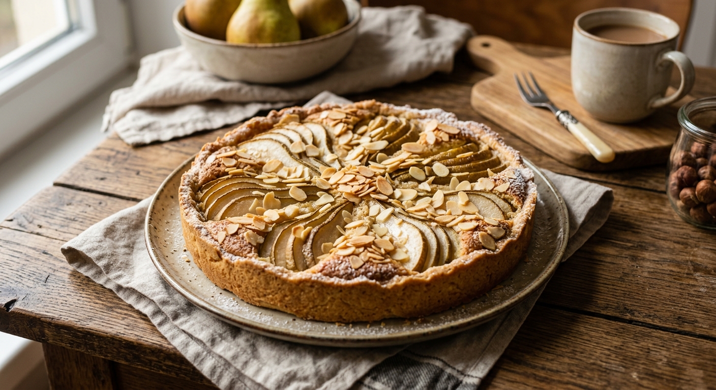 Birnenkuchen mit Mandeln auf rustikalem Holztisch, mit Mandelblättchen und Puderzucker