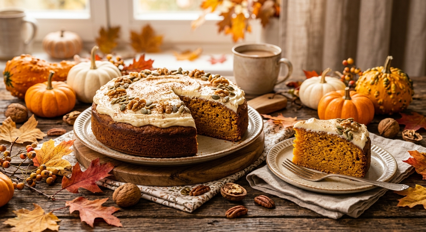 Saftiger Kürbiskuchen mit Frischkäse-Glasur und Kürbisdekoration auf rustikalem Holztisch