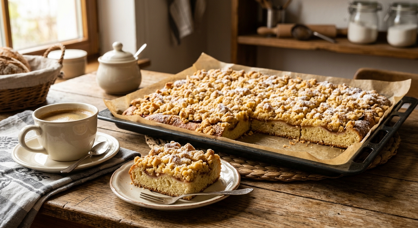 Streuselkuchen vom Blech mit goldbraunen Streuseln auf Hefeteig, frisch gebacken