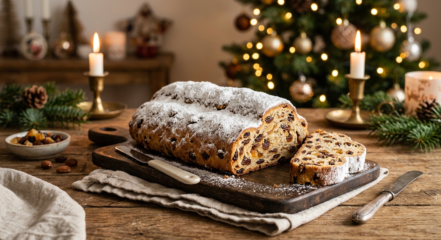 Christstollen nach Harzer Art auf Holzbrett, angeschnitten mit Marzipanfüllung und Puderzucker