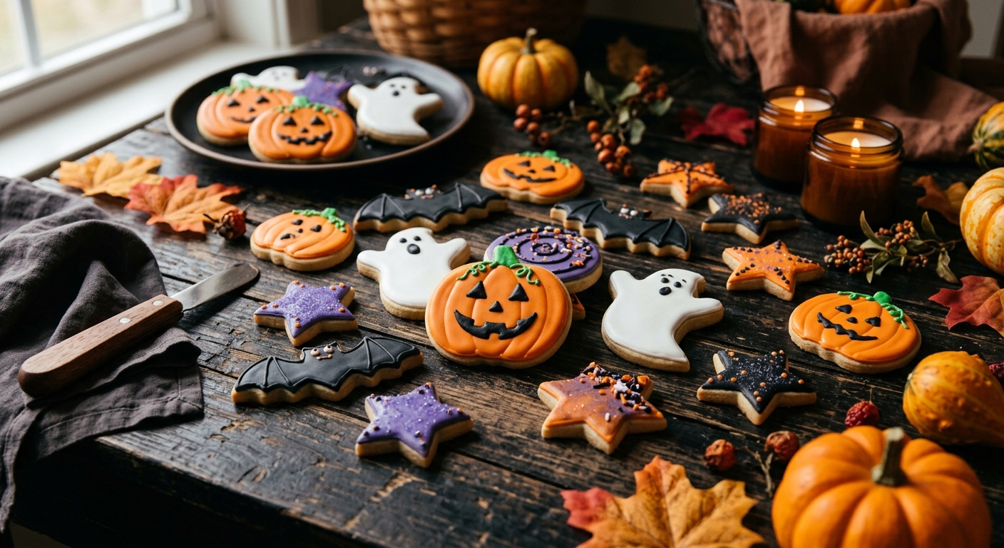 Halloween-Kekse in Form von Kürbissen, Gespenstern und Fledermäusen mit bunter Glasur auf dunklem Holztisch